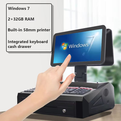 15,6-calowy dwuekranowy system POS All-in-One z ekranem dotykowym, szufladą na gotówkę i wbudowaną drukarką 58 mm, 2 GB RAM, do supermarketu