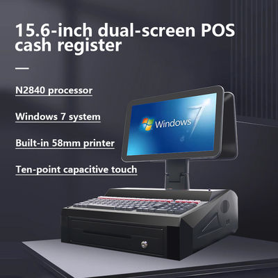 15,6-calowy dwuekranowy system POS All-in-One z ekranem dotykowym, szufladą na gotówkę i wbudowaną drukarką 58 mm, 2 GB RAM, do supermarketu