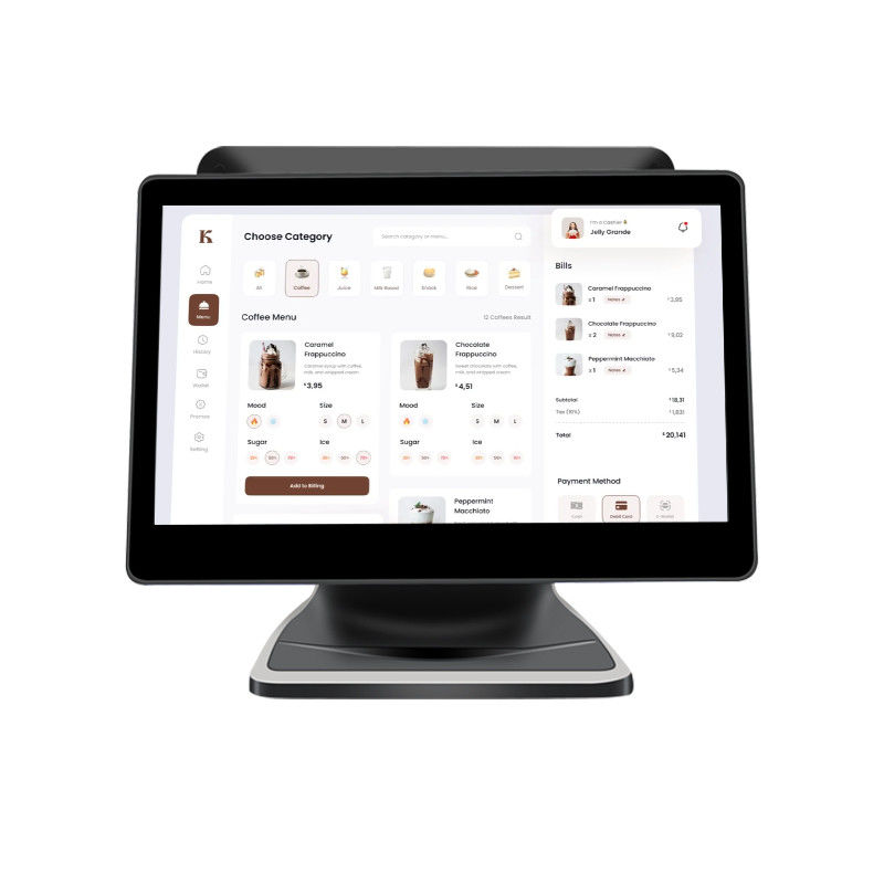 13.3/15.6-calowy system POS z dwoma ekranami dotykowymi, procesor I3, system Win, terminal POS do sklepu detalicznego ze składaną podstawą