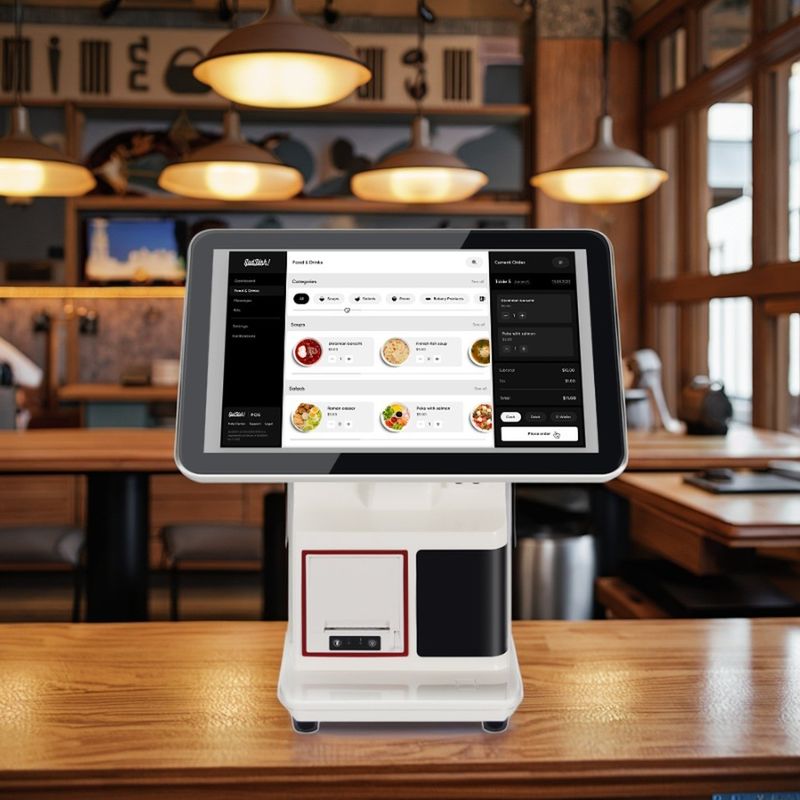 System POS dla fast foodów 15,6" All-in-One z ekranem dotykowym, kasą fiskalną, systemem wyświetlania w kuchni, drukarką zamówień, terminalem płatniczym NFC i QR